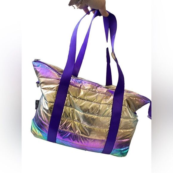 Large Metallic Puffer Tote Weekender w/ Decorative purple Straps - Picture 2 of 16